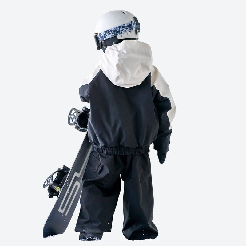 Kids waterproof 2L retro colorblock snow jacket and pants - black white colorblock kids jacket with black pants