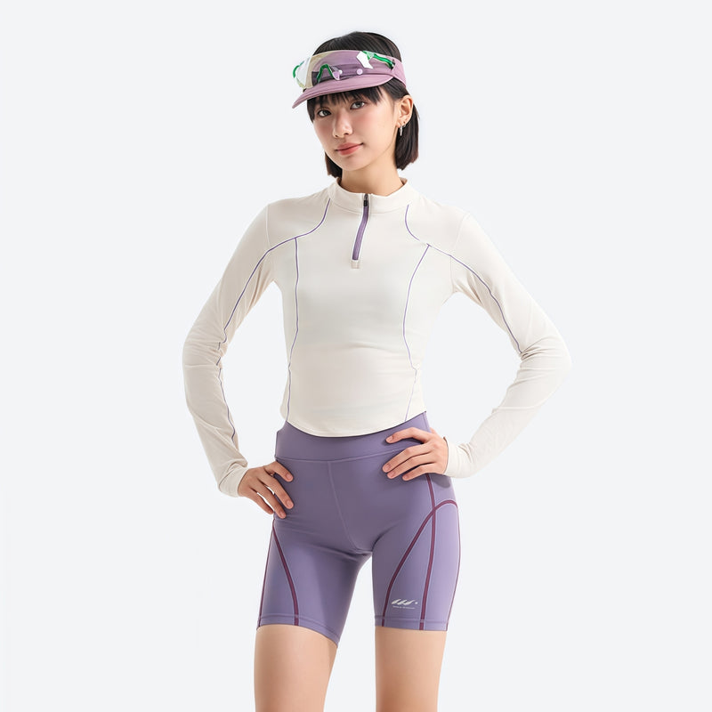 Women's fitted quick-dry breathable tee - cream white half-zip long sleeve tee on women with cap