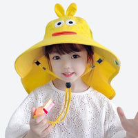 
                  
                    Foldable kids sun hat with cartoon neck flap - yellow duck kids sun hat on girl, for camping and outdoor weekends
                  
                