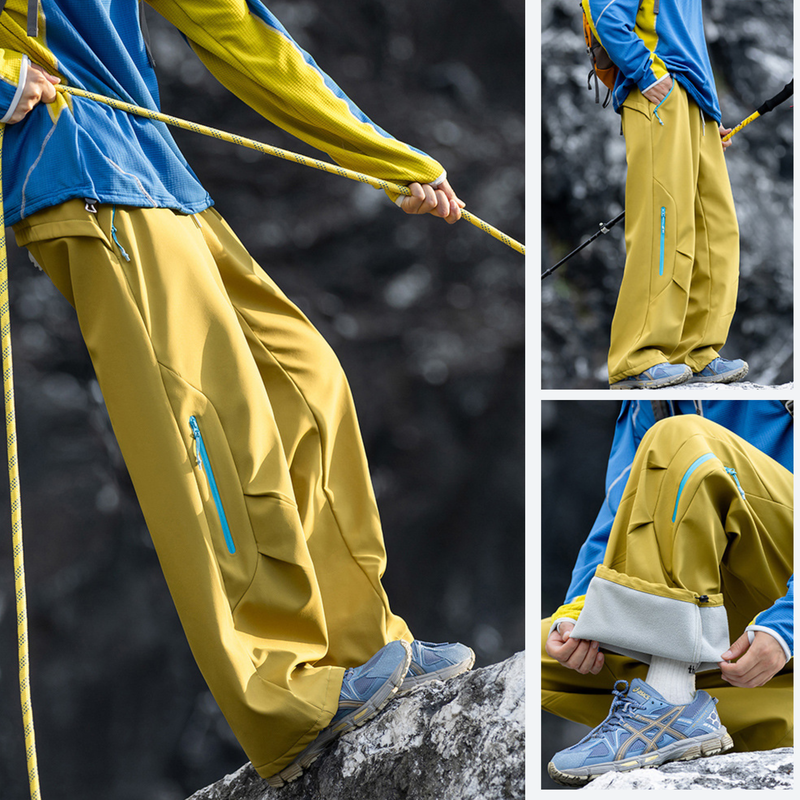 Unisex fleece-lined water-repellent hiking pants - yellow fleece-lined hiking pants with blue top