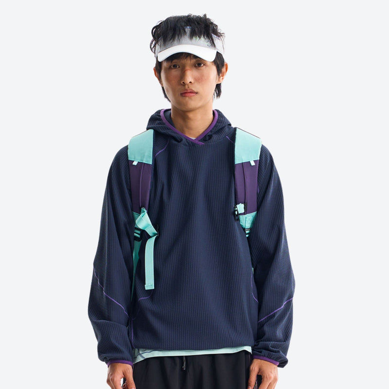 Breathable comfort mid-layer hoodie - navy hooded mid-layer pullover on men with visor, for camping and outdoor weekends