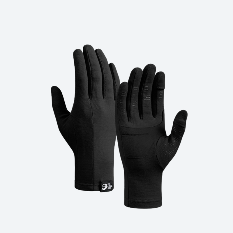 Merino wool thermal gloves for cold weather - black merino wool thermal gloves, pair front view, for skiing and snowboarding