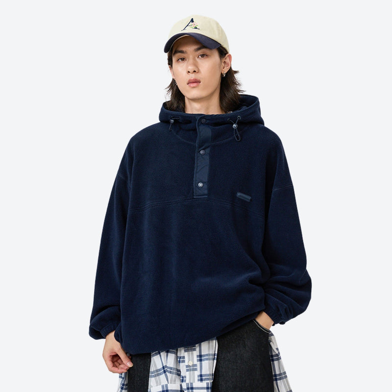 Soft relaxed mid-layer pullover for outdoor - navy hooded mid-layer pullover with cap, for hiking and trail walking