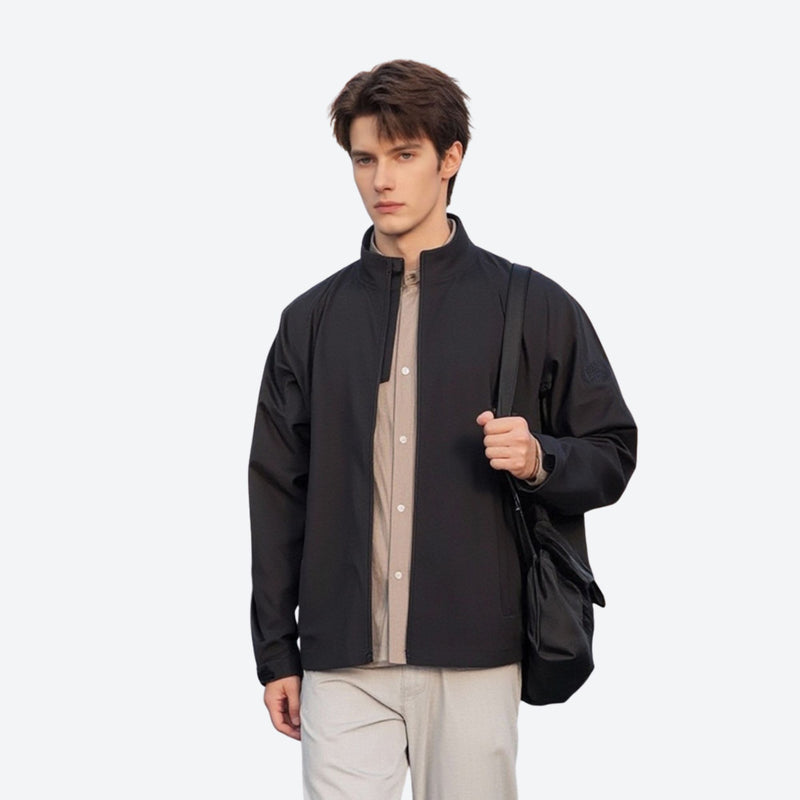 Men's 3L golf hardshell jacket with stand collar - black golf hardshell jacket, for travel and daily commute