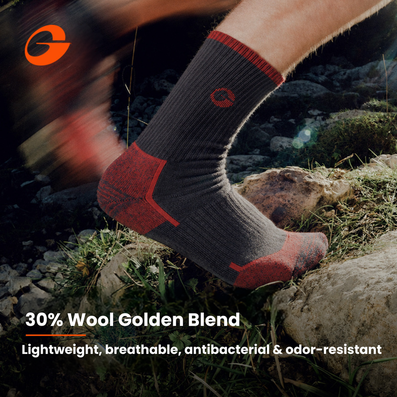 Men's merino wool hiking socks with arch support - merino wool hiking socks on feet mid-stride, for travel and city walks