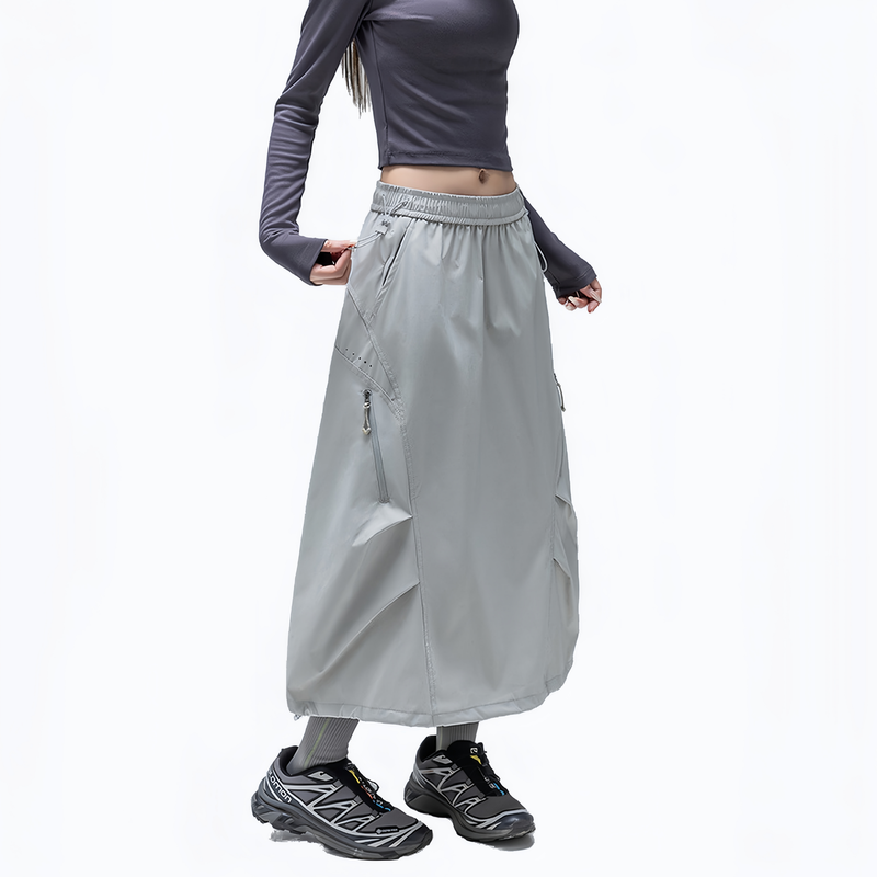 Outdoor long skirt with side zip pockets - light gray water-repellent long skirt on women, for hiking and trail walking