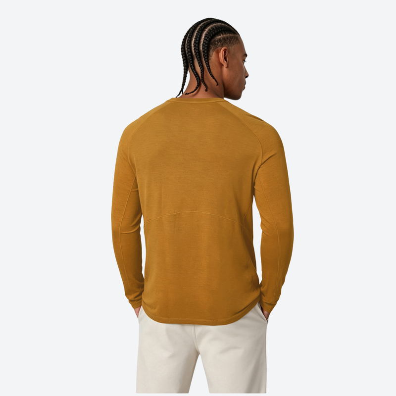 Men's merino wool quick-dry base layer top - mustard merino wool quick-dry base layer top on men, for skiing and snowboarding