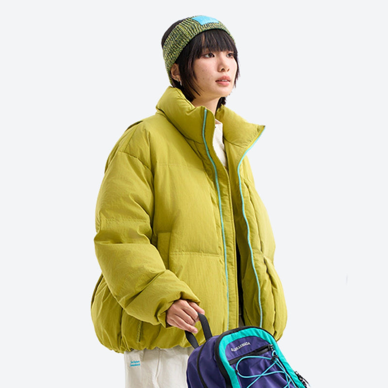 Windproof stand-collar puffy down jacket - lime windproof stand-collar down jacket on women with beanie