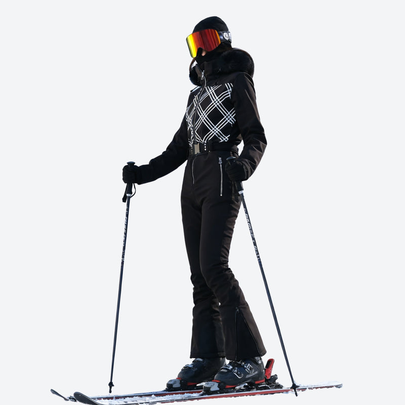 Women's check pattern one-piece snowboard suit - black check one-piece snow suit, for resort and backcountry days