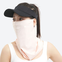 
                  
                    Full spectrum sun protection face mask breathable mesh - pink ice-silk face mask with brim on women, worn front view
                  
                