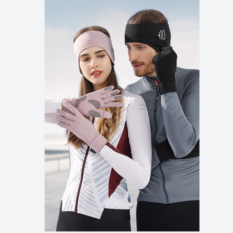 Clutch breathable touchscreen gloves with non-slip grip - pink and black breathable gloves on couple, front standing view