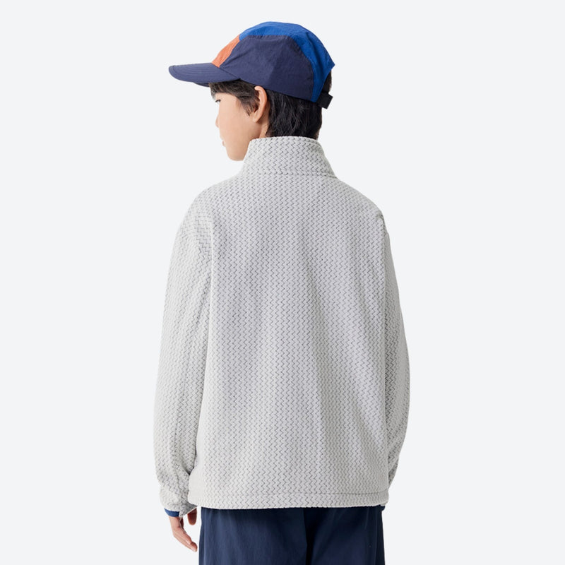 Kids' wavy fleece texture mid-layer jacket - light gray wavy fleece kids mid-layer jacket with navy pocket and cap