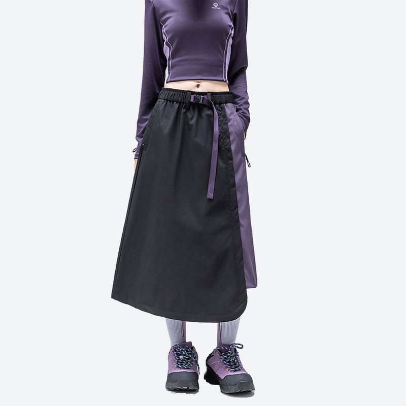 Color-block outdoor long skirt with drawstring waist - black purple color-block long skirt on women, front standing view