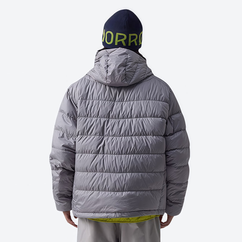 Waterproof duck down hooded jacket - light gray waterproof duck down hooded jacket with lime lining on men with beanie