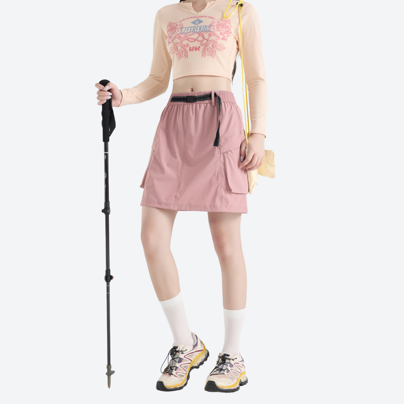 Women's cargo skort with built-in shorts - pink cargo skort with built-in shorts, for camping and outdoor weekends