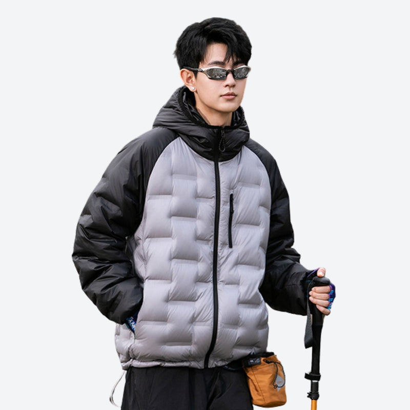 Waterproof duck down jacket with color-block shell - gray black color-block duck down jacket on men with sunglasses