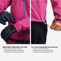 
                  
                    Women's breathable lightweight 3-layer shell with hood - pink, cuff and hem feature infographic, for hiking and travel
                  
                