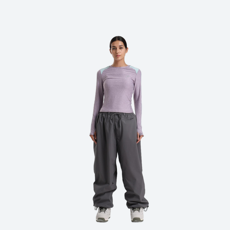 Women's 2-layer snowboard jacket and pants - lavender base layer top with gray snow pants, for resort and street wear