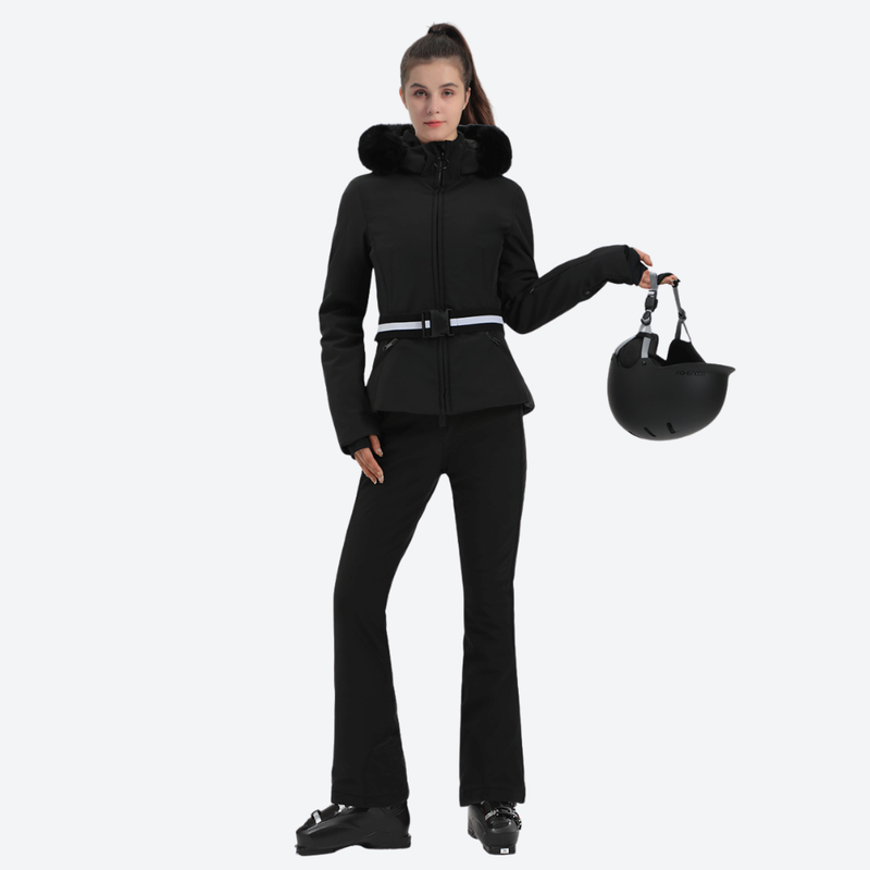 Women's slim ski jacket with belt and fur hood - black slim fit ski jacket with fur collar, for winter mountain trips