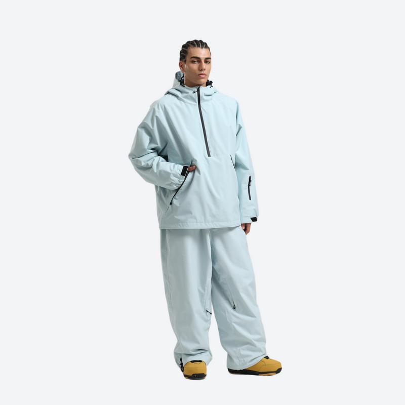 Men's 2-layer snowboard anorak and wide-leg pants - ice blue jacket with ice blue pants, for powder days and winter commute