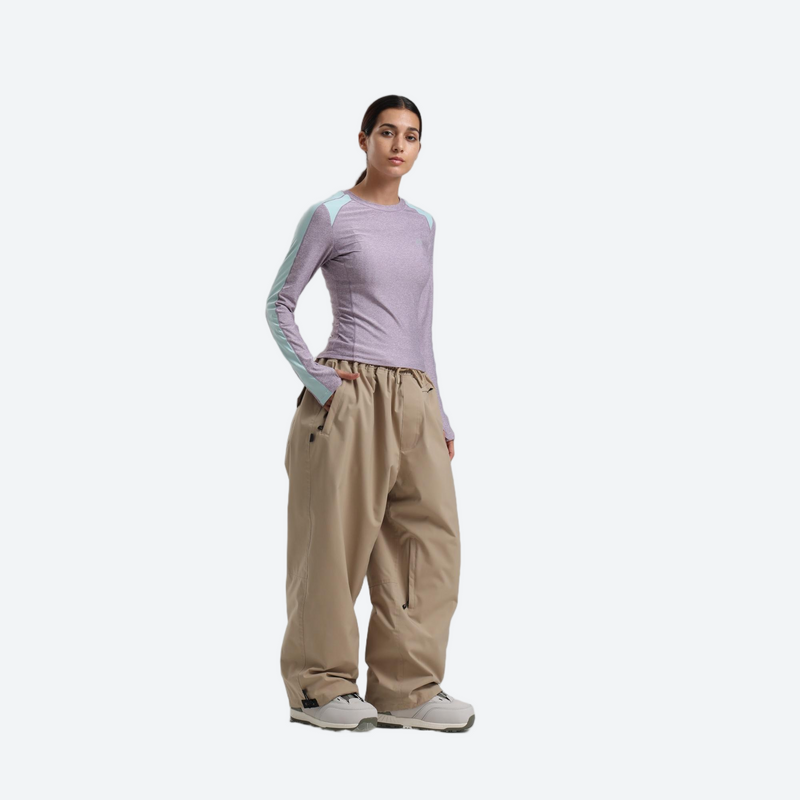 Women's 2-layer snowboard jacket and pants - lavender base layer top with tan snow pants, for skiing and snowboarding