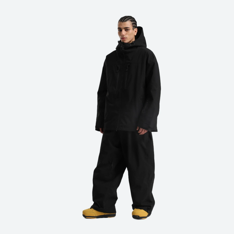 Men's 2-layer snowboard jacket and wide-leg pants - black jacket with black pants, for powder days and winter commute