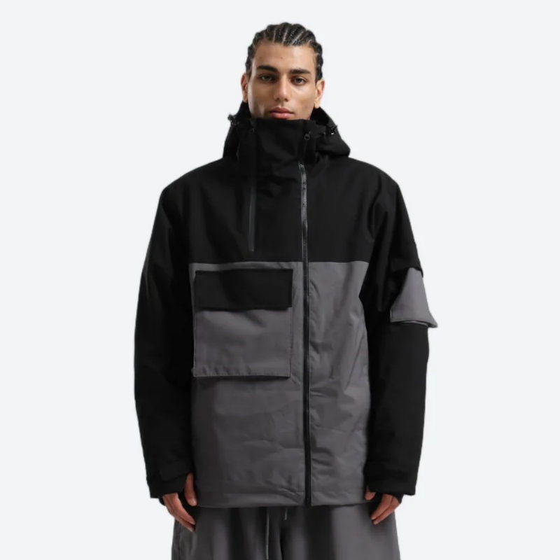 Men's breathable 2-layer snowboard jacket and pants - black and gray colorblock, for resort and street wear