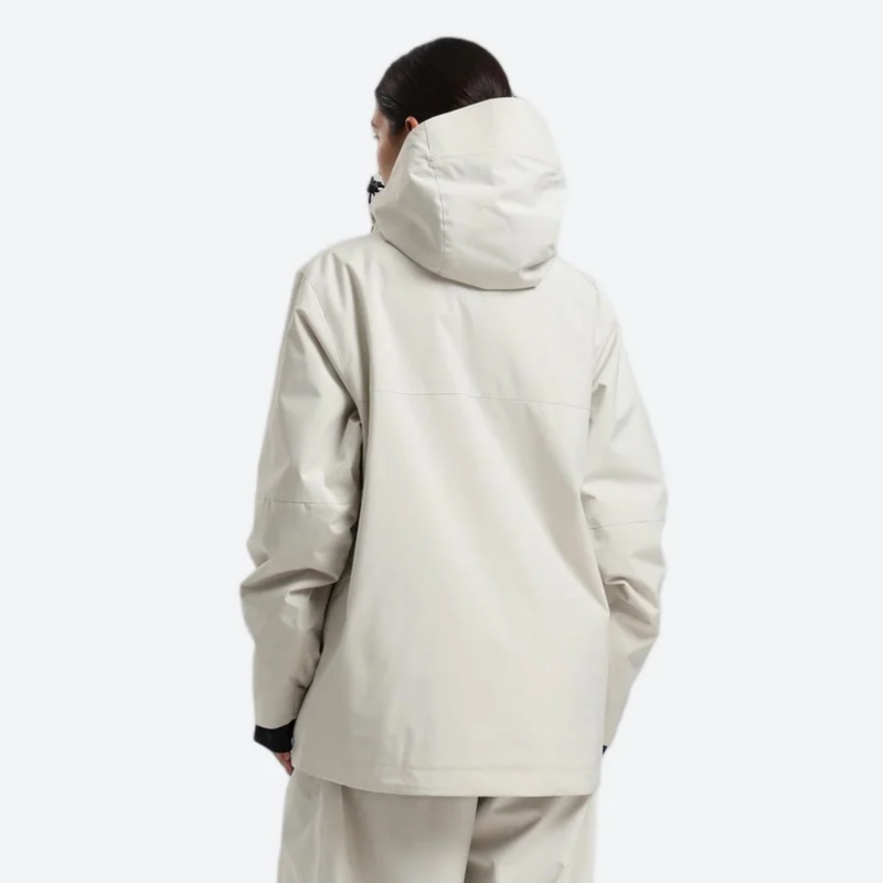 Women's waterproof 2L snow jacket and pants - cream, on-model back hood view, for skiing and snowboarding