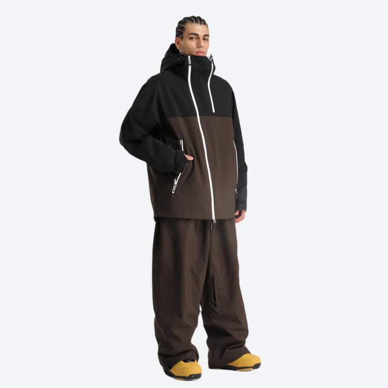 Men's waterproof 2L pullover snow jacket and pants - black and coffee brown colorblock, for resort and street wear