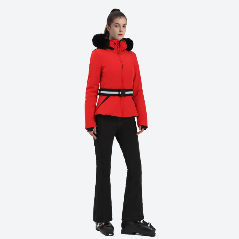 Women's slim ski jacket with belt and fur hood - red slim fit ski jacket with fur collar, for resort ski days