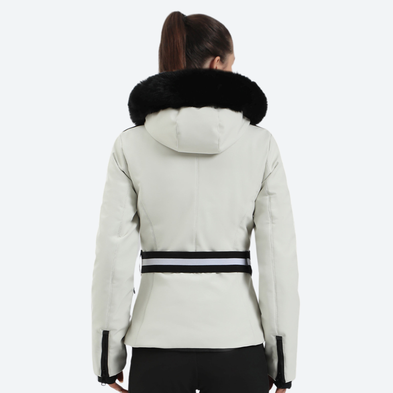 Women's slim fit ski jacket with fur collar - white slim fit ski jacket with fur collar, for winter mountain trips
