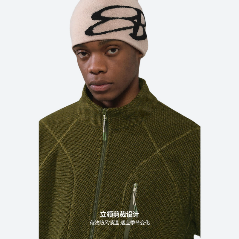 Unisex honeycomb texture fleece jacket - olive honeycomb fleece jacket on men with beanie, for travel and daily commute