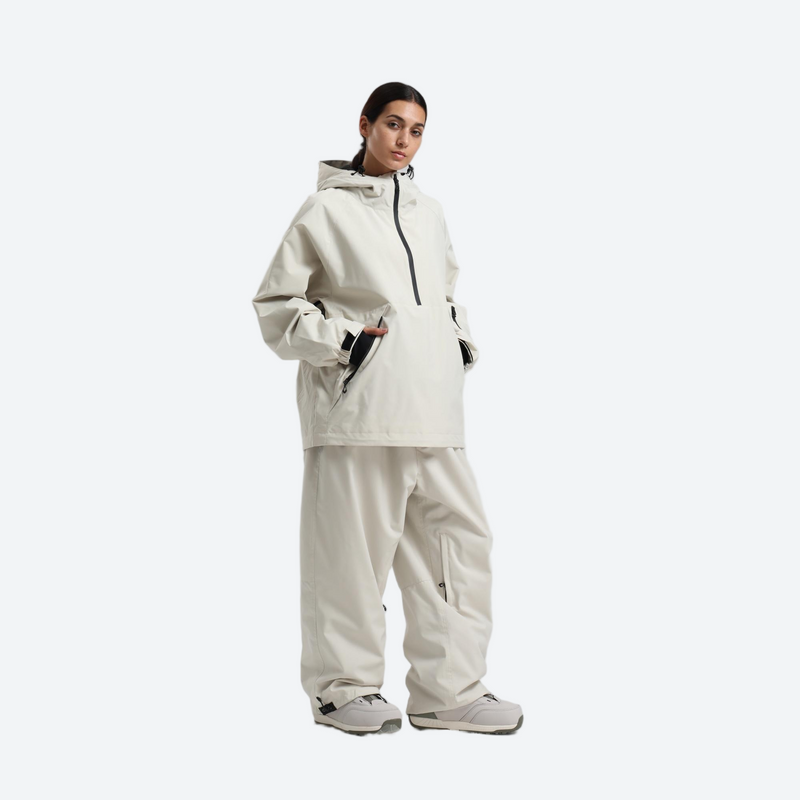 Women's breathable ski pullover jacket and pants set - cream anorak jacket with cream pants