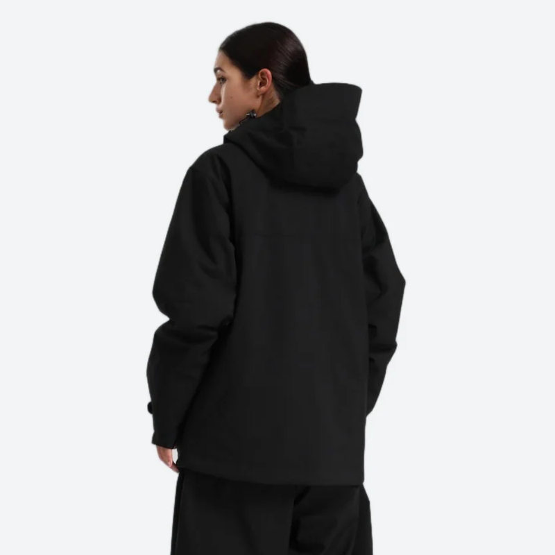 Women's waterproof 2L snow jacket and pants - black, on-model back hood view, for cold-weather winter sports