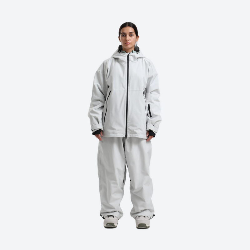 Women's breathable ski jacket set - light gray jacket with light gray pants, for resort and street wear