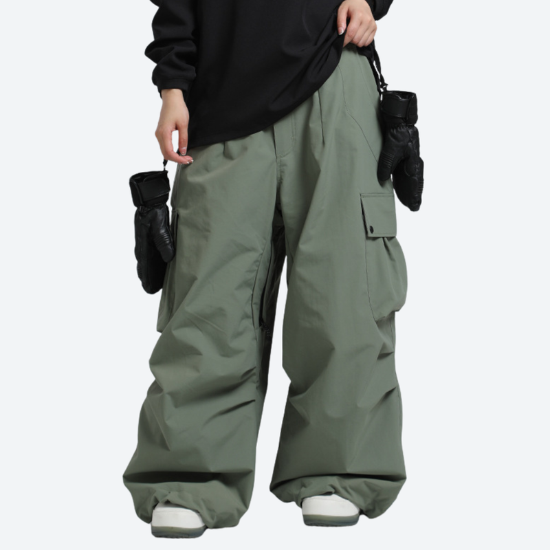 Men's breathable 3-layer ski pants with mesh vents - sage green cargo snow pants with black top, for skiing and snowboarding