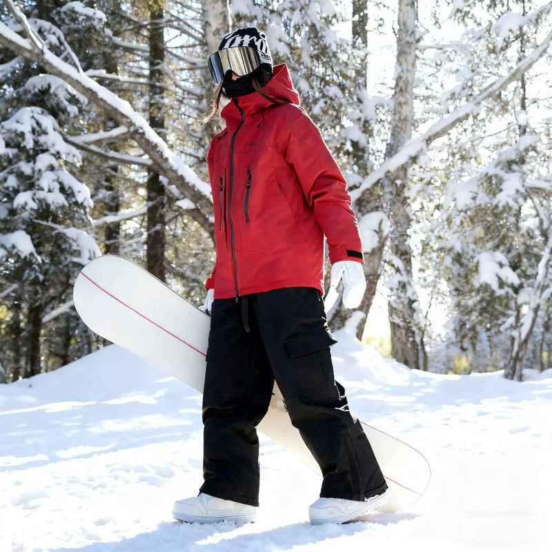 Breathable ski jacket with quilted lining - red jacket with black pants, for skiing and snowboarding