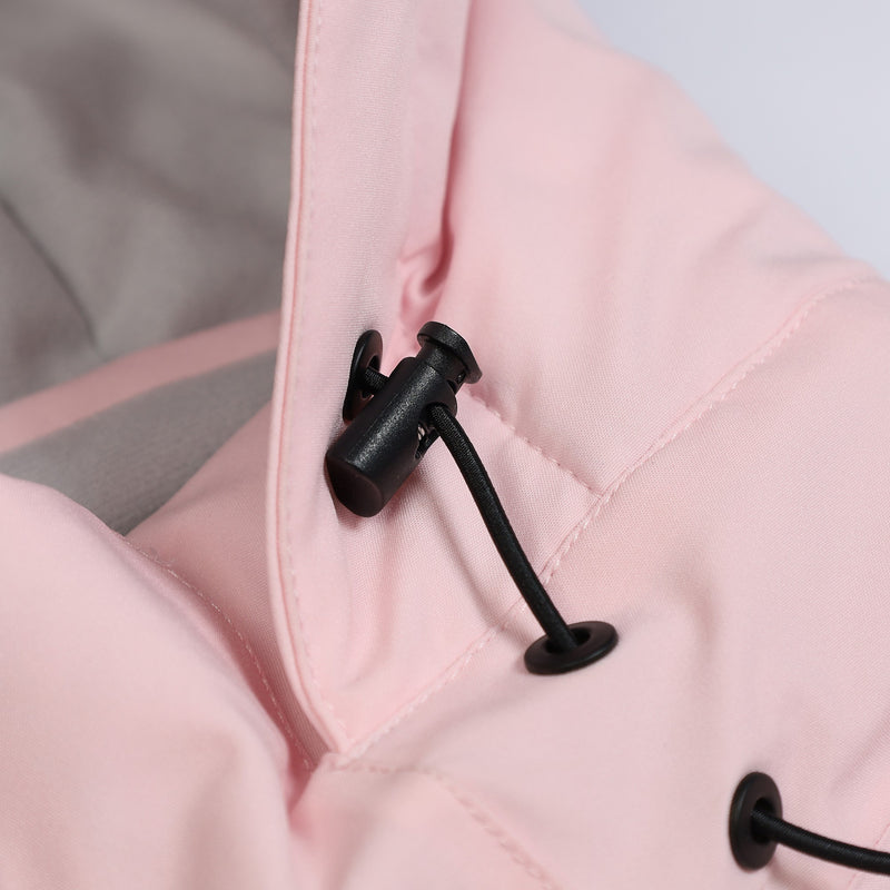 Women's waterproof one-piece snow suit - pink, collar drawstring close-up detail, for resort and backcountry days