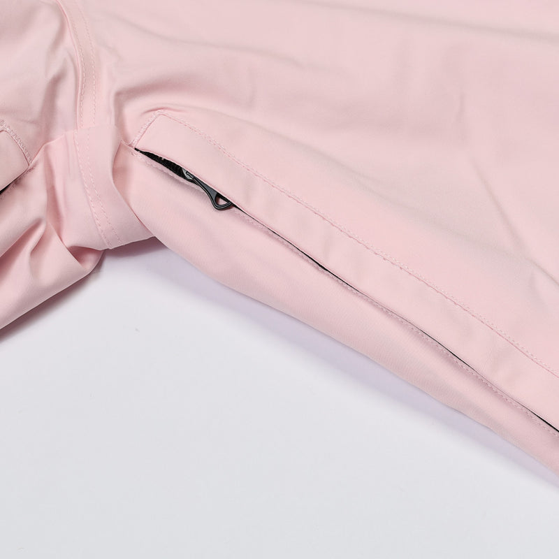 Women's one-piece snowboard suit with waist belt - pink, underarm zip vent close-up detail, for skiing and snowboarding