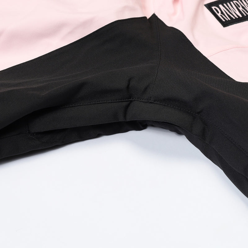 Women's waterproof one-piece snow suit - pink, crotch seam close-up detail, for skiing and snowboarding