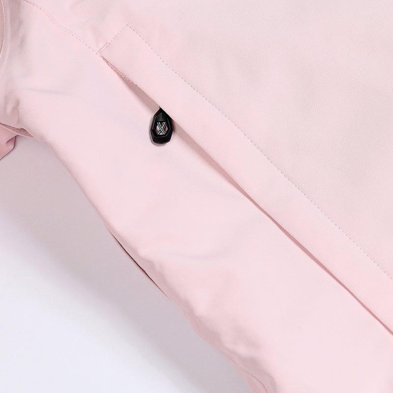 Unisex waterproof one-piece snow suit - pink one-piece suit, pocket snap close-up detail, waterproof breathable shell fabric