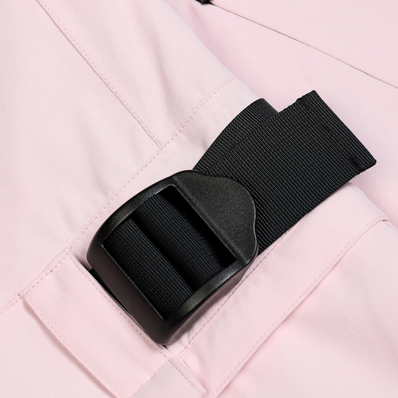 Unisex waterproof one-piece snow suit - pink one-piece suit, waist belt buckle close-up detail, for powder and piste riding