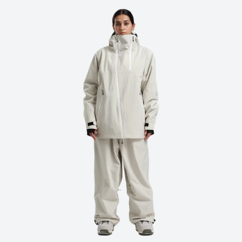 Women's colorblock ski jacket set - cream jacket with cream pants, for cold-weather winter sports