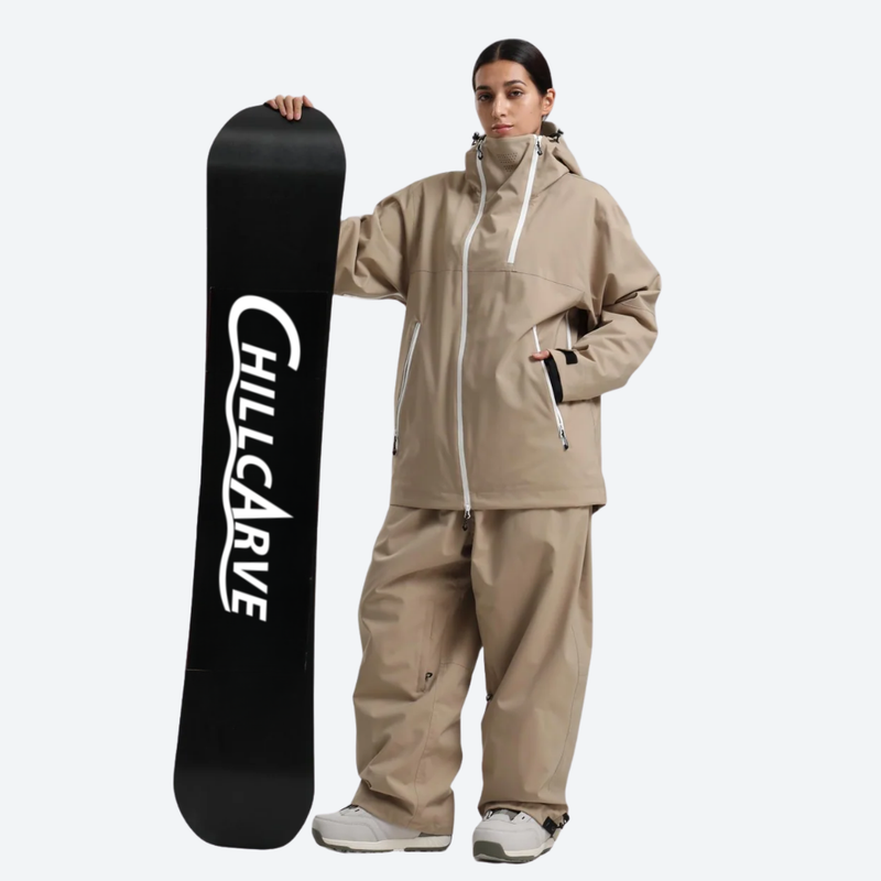 Women's breathable 2-layer snowboard jacket and pants - tan jacket with tan pants, for powder days and winter commute