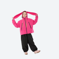 
                  
                    Kids breathable snowboard jacket and bib pants set - magenta jacket with black pants, for family resort ski days
                  
                