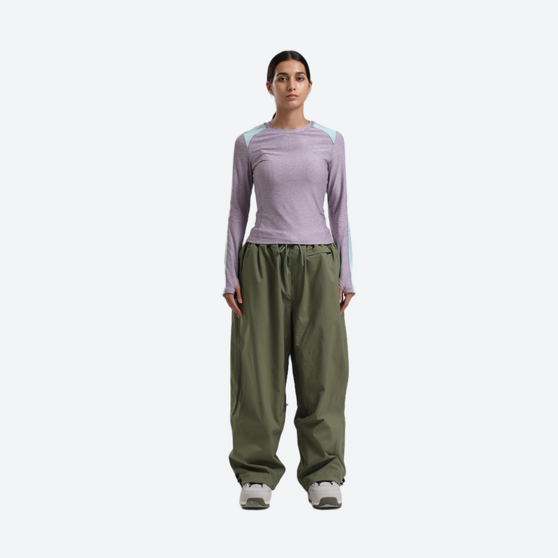 Women's 2-layer snowboard jacket and pants - lavender base layer top with olive green snow pants, for skiing and snowboarding