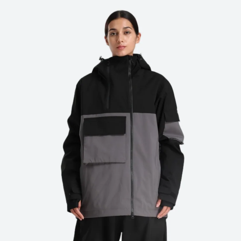 Women's waterproof 2L snow jacket and pants - black and gray colorblock, on-model front view, for cold-weather winter sports