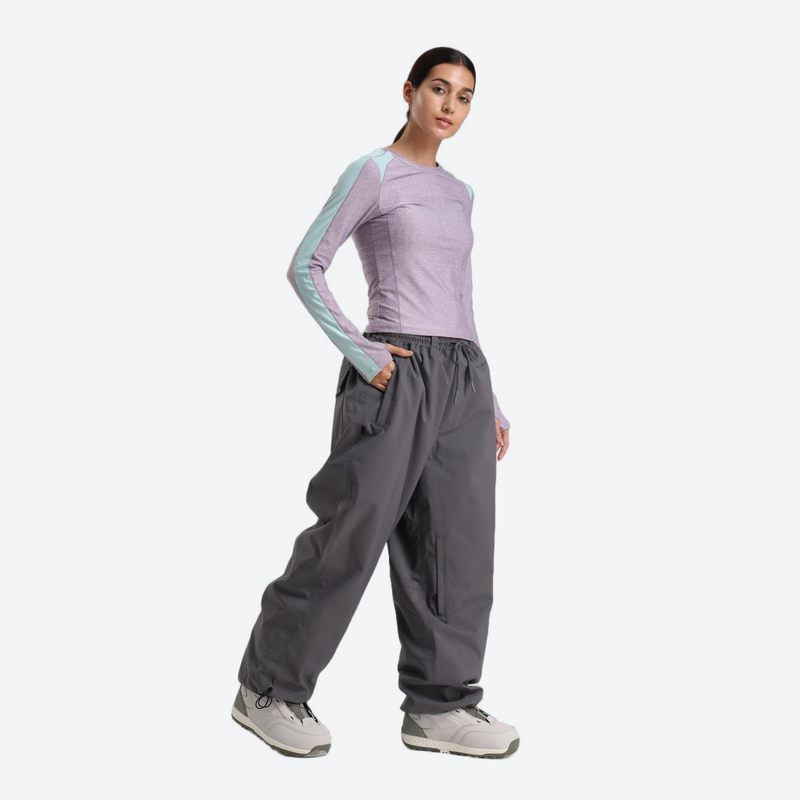 Women's breathable ski jacket set - lavender base layer top with light gray snow pants, for resort and street wear