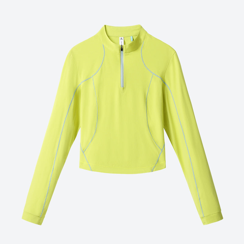 Women's fitted quick-dry breathable tee - neon yellow half-zip long sleeve tee, for trail running and outdoor workouts