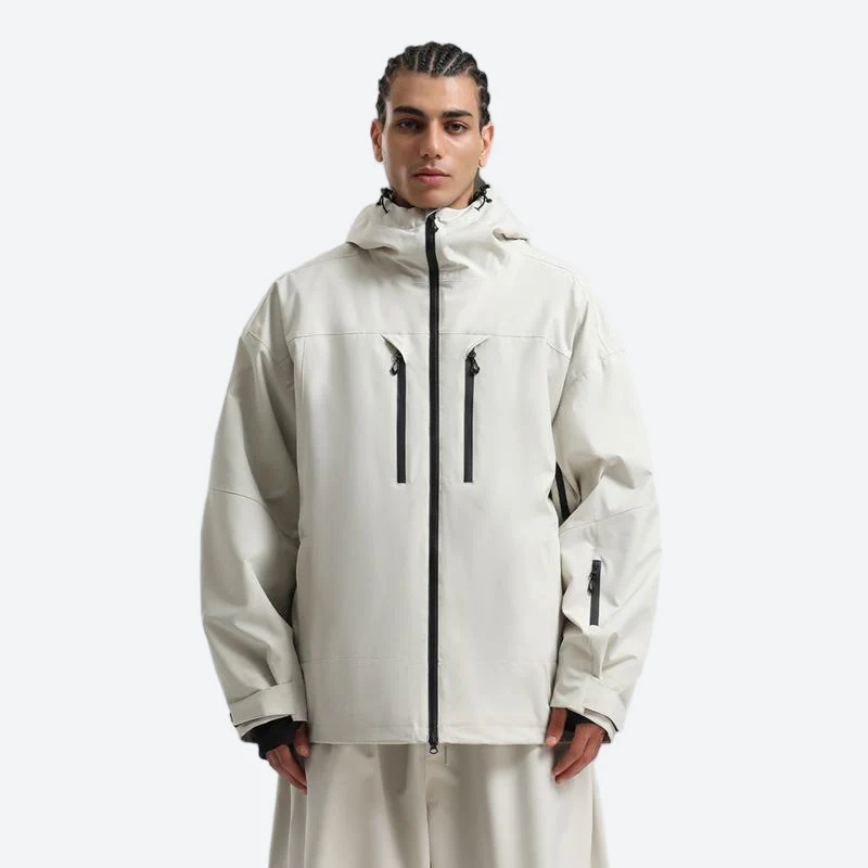 Men's waterproof 2L snow jacket and pants - white jacket, on-model front view, for resort and street wear